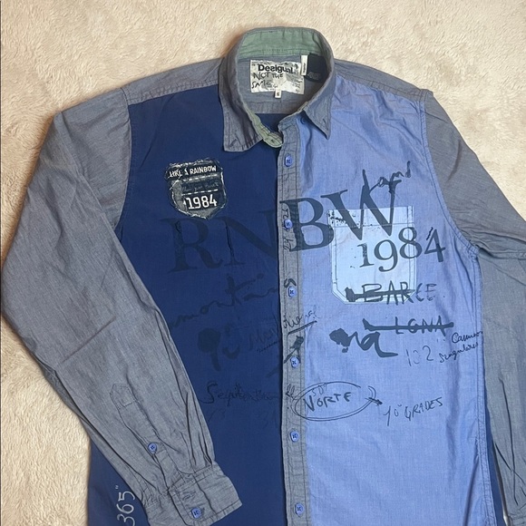 Desigual Graffiti Blue and Grey Men's Button Down Shirt sz S Embroidered Details - Picture 3 of 13